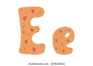 Cute alphabet letters with hearts, colored doodles on white background. Letter E in cartoon style. Vector illustration for children. Wrapping paper, decoration, design of nursery