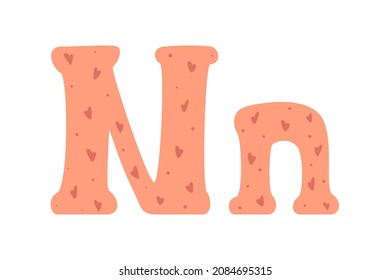 Cute alphabet letters with hearts, colored doodles on white background. Letter N in cartoon style. Vector illustration for children. Wrapping paper, decoration, design of nursery	