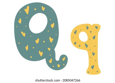 Cute alphabet letters with hearts, colored doodles on white background. Letter Q in cartoon style. Vector illustration for children. Wrapping paper, decoration, design of nursery