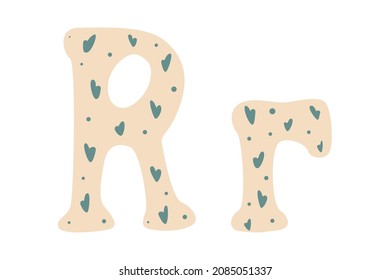 Cute alphabet letters with hearts, colored doodles on white background. Letter R in cartoon style. Vector illustration for children. Wrapping paper, decoration, design of nursery