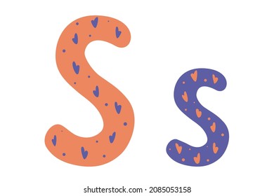 Cute alphabet letters with hearts, colored doodles on white background. Letter S in cartoon style. Vector illustration for children. Wrapping paper, decoration, design of nursery