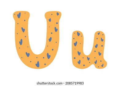 Cute alphabet letters with hearts, colored doodles on white background. Letter U in cartoon style. Vector illustration for children. Wrapping paper, decoration, design of nursery