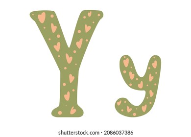 Cute alphabet letters with hearts, colored doodles on white background. Letter Y in cartoon style. Vector illustration for children. Wrapping paper, decoration, design of nursery