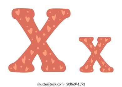 Cute alphabet letters with hearts, colored doodles on white background. Letter X in cartoon style. Vector illustration for children. Wrapping paper, decoration, design of nursery