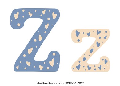 Cute alphabet letters with hearts, colored doodles on white background. Letter Z in cartoon style. Vector illustration for children. Wrapping paper, decoration, design of nursery