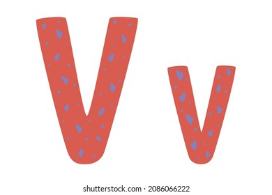 Cute alphabet letters with hearts, colored doodles on white background. Letter V in cartoon style. Vector illustration for children. Wrapping paper, decoration, design of nursery