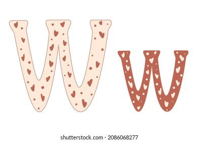 Cute alphabet letters with hearts, colored doodles on white background. Letter W in cartoon style. Vector illustration for children. Wrapping paper, decoration, design of nursery