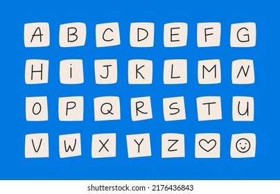 Cute alphabet of letters on isolated background. Set of square cubes with letters. Vector illustration in kidcore style. Plastic beads with letters. Computer keyboard buttons concept