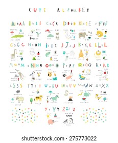 Cute alphabet. Letters and words. Flora, fauna, animals. Learn to read. Isolated.