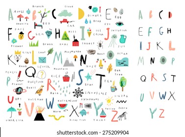 Cute alphabet. Letters and words. Learn to read. Isolated.