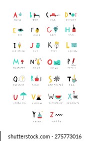 Cute alphabet. Letters and words. Learn to read. Isolated.