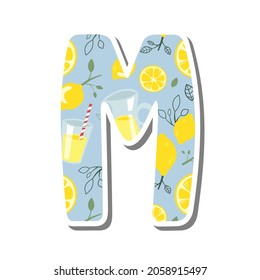 Alfabeto 'M' con patrón de lamonada sobre silueta blanca y sombra gris. El bonito diseño de la carta para la decoración. Ilustración vectorial sobre las letras.