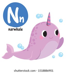 cute alphabet N narwhale illustration
