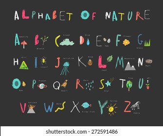 Cute Alphabet Of Nature. Letters, Natural Events, Flora And Fauna. Learn To Read. Isolated.