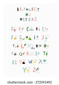 Cute alphabet of Nature. Letters, natural events, flora and fauna. Learn to read. Isolated.