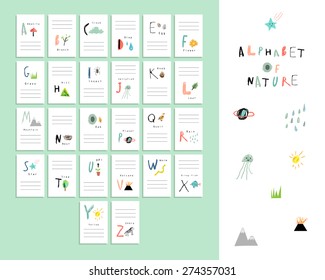 Cute Alphabet Of Nature. Letters, Natural Events, Flora And Fauna. Vocabulary Cards. Learn To Read. Isolated.