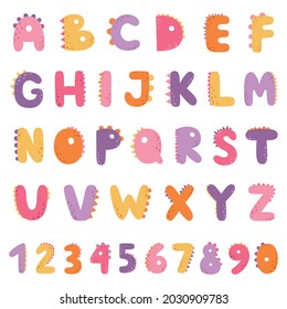 Cute alphabet and numbers in the style of Dinosaurs. Bright Dino letters. Vector illustration for children.