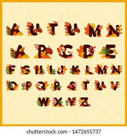 Cute Alphabet Pattern or Background with Leaves, Flowers, Mushrooms and Walnuts Decoration for Autumn Season