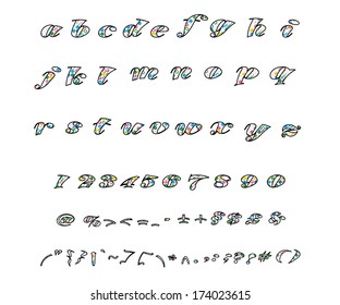 Cute alphabet with patterns of various circuits . Lowercase, numbers, digits, symbols set