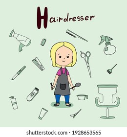 cute alphabet professions for girls. H - hairdresser