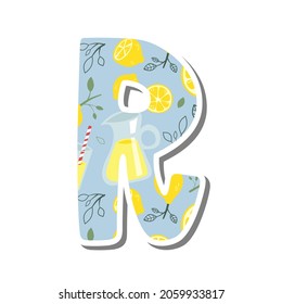 Cute alphabet 'R' with Lemonade Pattern on white silhouette and gray shadow. Lovely letter design for decoration. Vector Illustration about lettering.