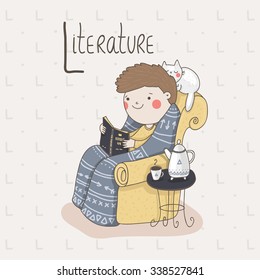 Cute Alphabet SCHOOL. Letter L is for Literature. Schoolboy is doing his homework at home, sitting in the armchair with fat cat on it