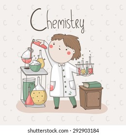 Cute Alphabet SCHOOL. Little Chemist conducts experiments.