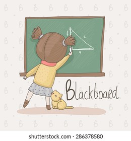 Cute Alphabet SCHOOL. Little girl is drawing the triangle on the school blackboard. Back to school background. 