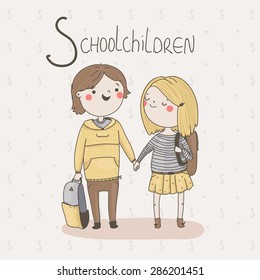 Cute Alphabet SCHOOL. Two schoolchildren in fashion clothes with backpacks holding their hands. Back to school vector background.