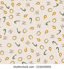 Cute alphabet seamless pattern with crayon handwritten doodles and boho style. Funny  wallpaper with word ABC concept for kids education, scrapbook, print, fabric, school, baby texture