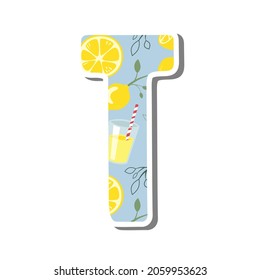Cute alphabet 'T' with Lemonade Pattern on white silhouette and gray shadow. Lovely letter design for decoration. Vector Illustration about lettering.