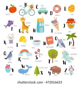 Cute alphabet in vector. A-z letters. Funny cartoon animals and objects for preschool learn, education and lesson.