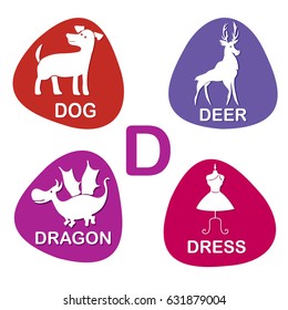 Cute alphabet in vector. D letter for Dog, Deer, Dragon and Dress