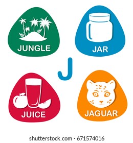 Cute alphabet in vector. J letter for jungle, jar, juice and jaguar.