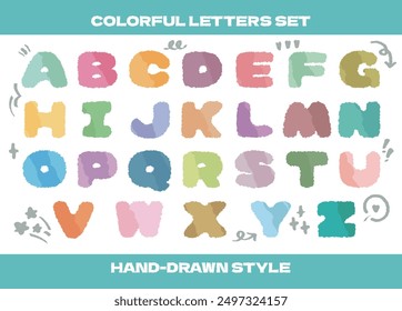 Cute alphabet vector set for school colorful letters set. Comic cartoon style cute alphabet letter for kids learning. Preschool, Hand drawn style ABC chart vector. Child, Student, Learn, Typography