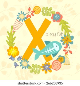 Cute alphabet, X-ray fish with letter X and floral wreath in vector. 