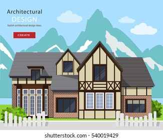 Cute alpine Chalet Fassade. Grafisches Privathaus mit Berg-Hintergrund. Flache Vektorgrafik.