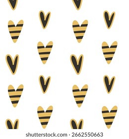 Lindo patrón alterno de corazones negros y corazones de abejas a rayas. Ideal para el diseño divertido de textiles y envases.