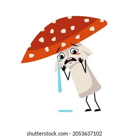 Cute amanita character with crying and tears emotion, sad face, depressive eyes, arms and legs. Fly Agaric Mushroom from forest with melancholy expression