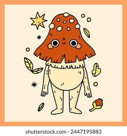 Ilustración de personaje de amanita linda. Kawaii sonriente mosca-agaric mano dibujado en estilo doodle. Vector dibujado a mano