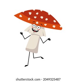 Cute amanita character with joyful emotions, dancing, smile face, happy eyes, arms and legs. Fly Agaric Mushroom from forest with kind expression
