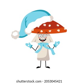 Cute amanita character with joyful emotions, smile face, happy eyes, arms and legs. Fly Agaric Mushroom from forest with kind expression. Happy New Year person in blue Santa hat, scarf and mittens