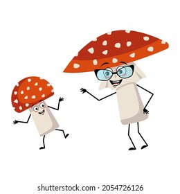 Cute amanita character with joyful emotions, smile face, happy eyes, arms and legs. Fly Agaric Mushroom from forest with kind expression. Funny grandmother with glasses and grandson