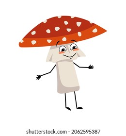Cute amanita character with joyful emotions, smile face, happy eyes, arms and legs. Fly Agaric Mushroom from forest with kind expression