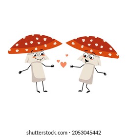 Cute amanita character with love emotions, smile face, arms and legs. Fly Agaric Mushroom from forest with kind expression