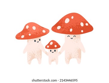 Cute amanita family. Happy fairytale fly agarics, parents and child. Funny fairy tale mushrooms with adorable faces. Baby fiction. Childish flat vector illustration isolated on white background