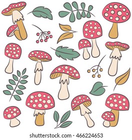 Cute amanita with leafs and berries vector color collection. Poisonus mushrooms and plants isolated on white. 