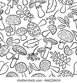 Cute amanita vector seamless pattern with leaf and berries. Poisonus mushrooms doodle style wallpaper.