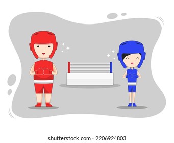 Cute Amateur Boxing Player And Boxing Ring Cartoon Vector. 