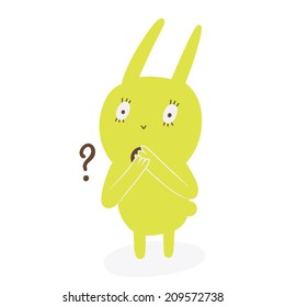 Cute amazed rabbit cartoon. Bunny character with surprised face. Funny illustration with question mark and yellow bunny